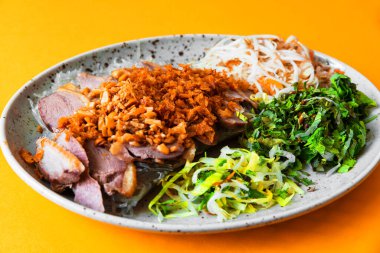 Kavrulmuş fındıklı çıtır ördek, cam erişte ve turuncu arka planda bir sürü yeşil kokulu bitki yaprağı. Asya yemeği.