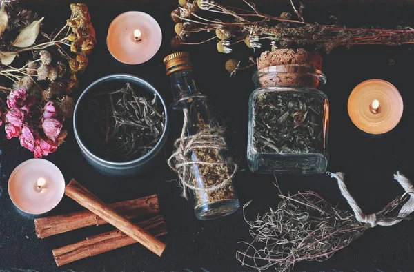Flat Lay Kitchen Witchery Using Herbs Spices Found Home Herbal — Stock Photo, Image