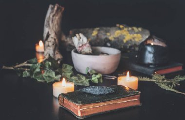 Küçük siyah Kyanite kristal kayası, cadının masasındaki çeşitli doğa eşyalarının arasında koyu yeşil renkli bir kitabın üzerine yerleştirilmiş. Kurumuş sarmaşık dalı, adaçayı lekesi ve arka planda yanan beyaz mumlar.