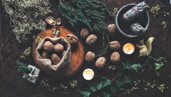 Walnoten Kleine Bruine Zak Overal Het Wicca Heksenaltaar Als Waarzeggingsmethode — Stockfoto