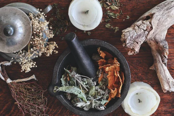 Kitchen Witchery Making Magickal Herb Blend Spell Dried Herbs Mixed — Stock Photo, Image