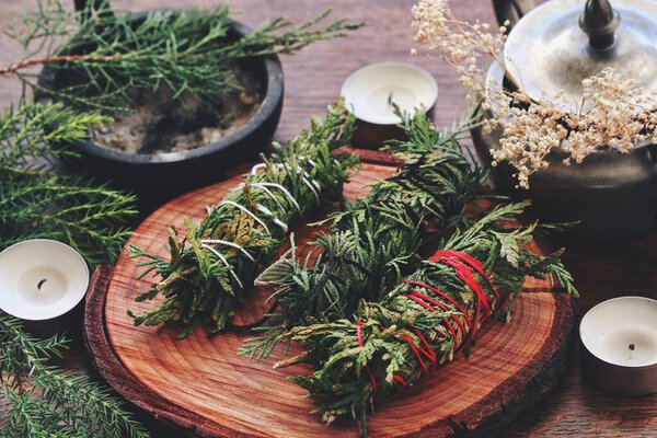 Evergreen Cleansing Sticks Yule Winter Solstice Christmas Celebration Different Types Stock Image