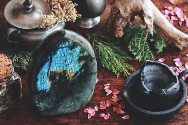 Labradorit kristali koyu ahşap masa üzerinde çeşitli doğa nesneleri ile kurumuş Evergreens, bitkiler, çiçekler, arka planda bitkiler, dağınık ve dağınık cadı sunağı büyük labradorit ile