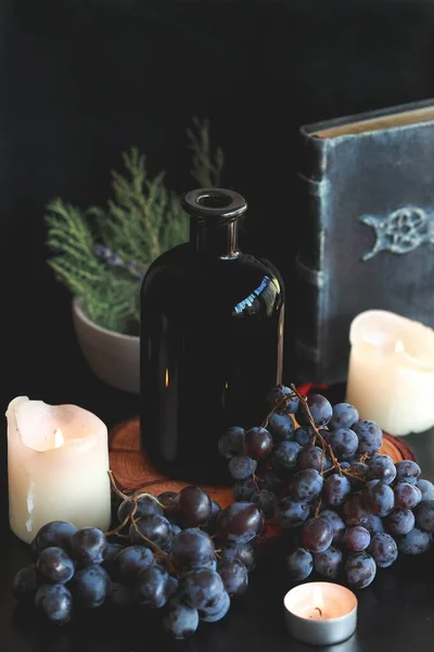 Bottle of home made wine as an offering on wiccan witch altar. Dark black grapes, burning lit candles, old spell book, evergreens in background. Autumn harvest for the gods. Food offering for sabbats