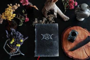 Cadıların sunak alanı el yapımı eski kitap büyü kitabı ve diğer çeşitli malzemelerle düzdü. Kurumuş çiçekler, doğa elementleri, mumlar, yanında siyah tüylü mürekkep şişesi ve koyu siyah masa.