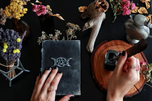 Wiccan witch casting ready to write down a spell in her Book of Shadows Grimoire with black feather and ink. Wiccan witch altar filled with nature objects, branches, dried rose, lavender flowers herbs