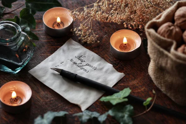 White Peace Paper New Year Resolutions Written Yule Winter Solstice — Stock Photo, Image