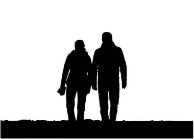 Siyah siluet bir oğlan ve bir kız yokuş yukarı yürüyor, soğuk havada beyaz arka planda izole edilmiş ceketler giyiyorlar. Vektör İllüstrasyonu. 