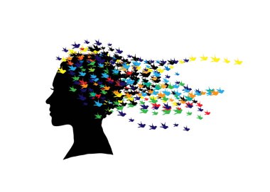 Beyaz arka planda izole edilmiş küçük kuşlardan yapılmış saçları olan bir kızın siyah silueti. Renkli kuşların uçup gitmesinden yaratılan saç stili. Vektör İllüstrasyonu.