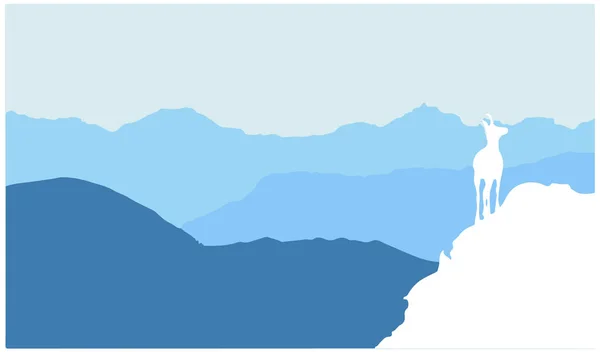 背後に山のある丘の上にはシャモアが立っている 背景がブルーのホワイトシルエット イラスト — ストックベクタ