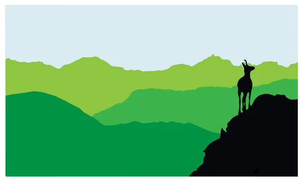 Шамоїди Стоять Вершині Пагорба Горами Задньому Плані Чорний Силует Зеленим — стоковий вектор