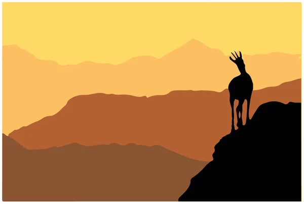 背後に山のある丘の上にはシャモアが立っている ブラウンとオレンジの背景を持つ黒のシルエット ベクターイラスト — ストックベクタ