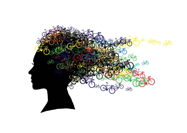 白い背景に小さな自転車で作られた髪を持つ少女の顔の黒いシルエット カラフルな自転車から作られたヘアスタイル イラスト — ストックベクタ