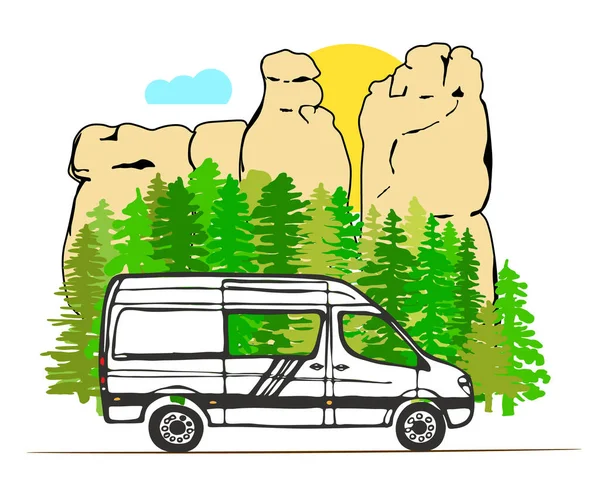 背景に森林や砂岩の岩の形成を持つ白いバン 生活バンの生活 自然の中でキャンプ 旅行の概念 ベクターイラスト — ストックベクタ