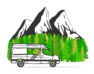 Arka planda dağlar ve ormanlar olan beyaz bir minibüs. Minibüste yaşamak, doğada kamp yapmak, seyahat etmek. Vektör İllüstrasyonu. 