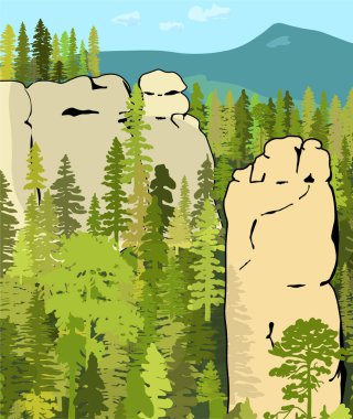 Ormanda gizlenmiş kumtaşı oluşumu etkileyici. Heybetli tırmanışçılar. Çek Cumhuriyeti 'nin Bohem Cenneti' nin güzel doğasının temsilcisi..