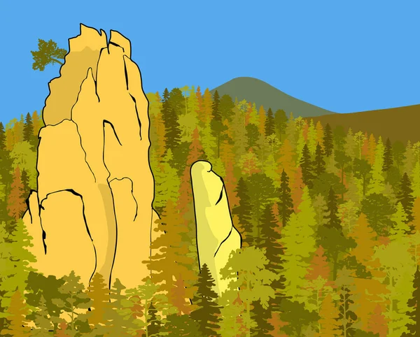 Imponująca Formacja Skał Piaskowcowych Ukryta Lesie Wieżowców Wspinaczkowych Wektorowa Ilustracja — Wektor stockowy