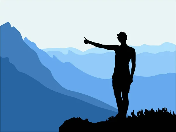 Black Silhouette Man Standing Top Hill Thumb Enjoying Beautiful View — Stock Vector