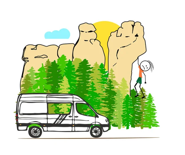 背景に森と砂岩の岩の形成を持つ白いバン 怖がって登山岩の上に手でハングアップします 生活バンの生活 自然の中でキャンプ 旅行の概念 ベクターイラスト — ストックベクタ