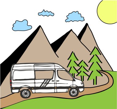 Arka planda dağlar ve ormanlar olan beyaz bir minibüs. Minibüste yaşamak, doğada kamp yapmak, seyahat etmek. Vektör İllüstrasyonu. 