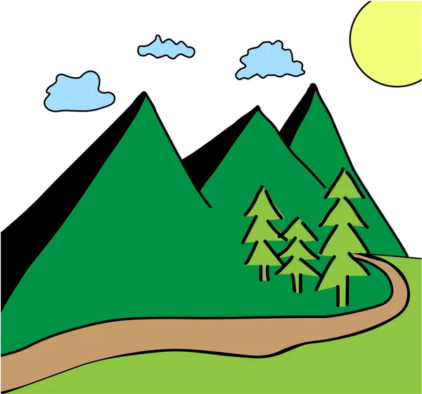 Ilustração Vetorial Simples Montanhas Árvores Prado Estrada Sol Nuvens Céu —  Vetores de Stock