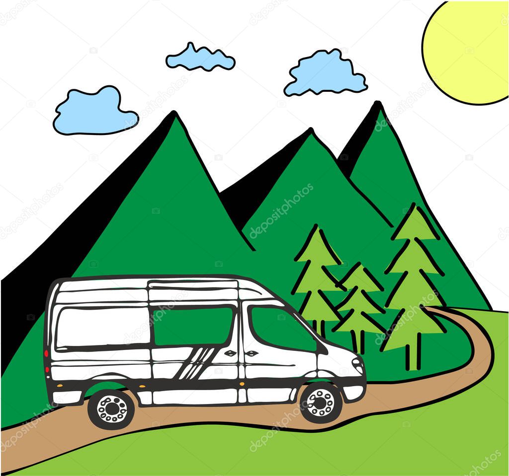 White van with forest and mountains in the background. Living van life, camping in the nature, travelling. Vector Illustration. 