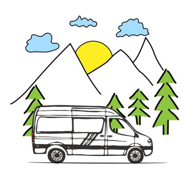Arka planda dağlar ve ormanlar olan beyaz bir minibüs. Minibüste yaşamak, doğada kamp yapmak, seyahat etmek. Vektör İllüstrasyonu. 