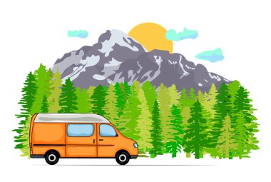 Arka planda Kazbek Dağı olan turuncu minibüs. Bulutlu güneş, arka planda orman, Georgia. Vektör İllüstrasyonu. 