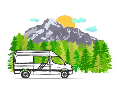White van with mount Kazbek in the background. Sun with clouds, forest in the background, Georgia. Vector Illustration.  clipart