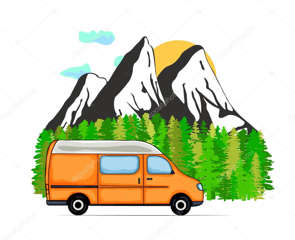 Orange van with forest and mountains in the background. Living van life, camping in the nature, travelling. Vector Illustration. 