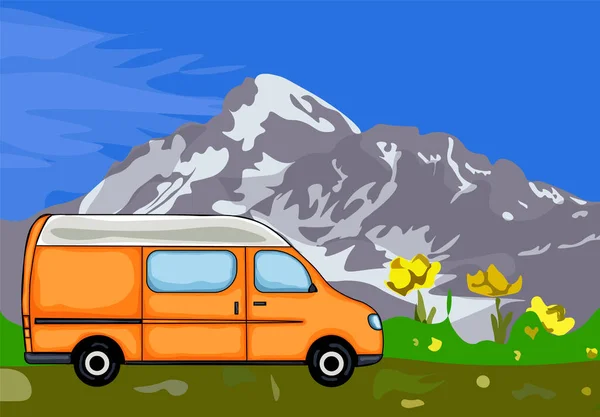 Fourgon Orange Avec Mont Kazbek Arrière Plan Fleurs Jaunes Premier — Image vectorielle
