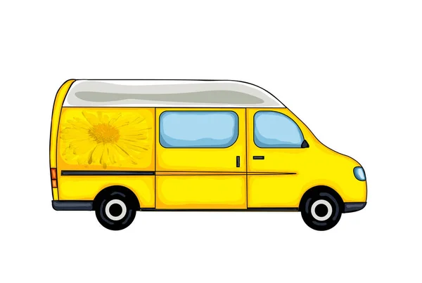 Желтый Фургон Изображением Желтого Весеннего Цветка Изолированный Белом Фоне Иллюстрация — стоковый вектор