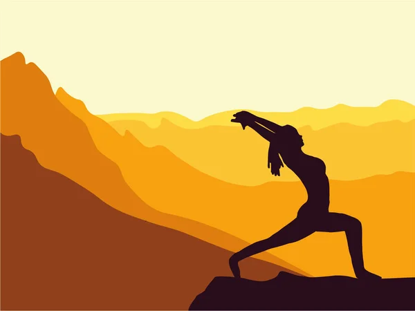 Siluet Gadis Berlatih Yoga Gunung Latar Belakang Matahari Terbit Salamnya - Stok Vektor