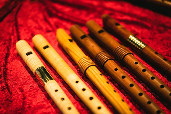 Early Music Historical Instrument Six Baroque Recorders Red Background — Stock Photo, Image
