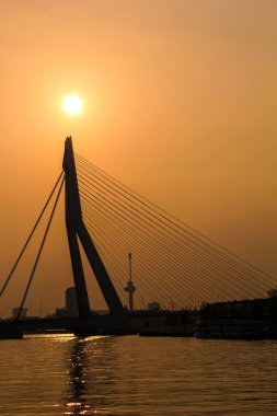 Rotterdam 'daki Erasmus Köprüsü Silueti (Erasmusbrug) Güneşi gösteriyor