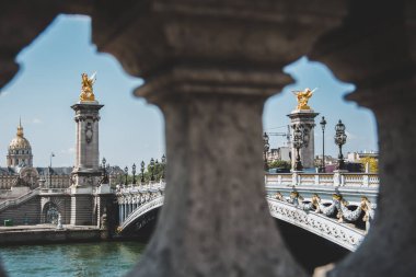 Alexander Köprüsü (Pont Alexandre III) Seine Nehri 'nin karşısındaki sütunlar tarafından çerçevelenmiştir.