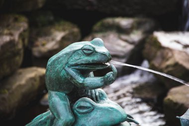 Yeşil kurbağa heykeli Orta parmağıyla küfür ediyor