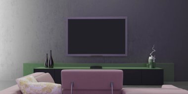 Oturma odasının iç tasarımı, yeşil ve klasik gri duvar, modern ve minimalist televizyon dolabı, minimal tasarım, vazo dekorları, çerçeve görünümlü dikey poster, 3D illüstrasyon