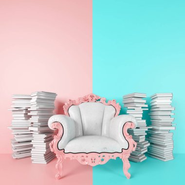 Beyaz ve pembe klasik deri koltuk patronu ve çeşitli kitaplar, eski ve antika, mavi ve pembe ışıklandırma arka planı, metin ve kopya için alan, koyu, 3D illüstrasyon