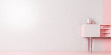 Pembe renkli, dekoratif, beyaz duvar ve pembe zeminli, metin ve kopya için alan, minimal iç tasarım, reklamcılık için model, 3D illüstrasyon