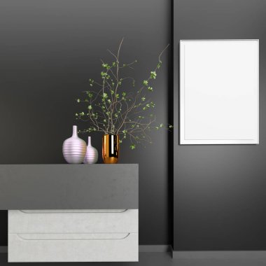 Dekorasyon odasının iç tarafındaki poster çerçevesini kapat göğüs çekmecelerindeki posteri kapat, siyah duvar ve vazoları kapat, koyu renk, İskandinav tasarımı, 3 boyutlu illüstrasyon