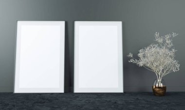 Poster çerçevesini şık bir şekilde tasarla, iki çerçeveli çerçeve, siyah arkaplan, basit bitki figürü, minimalist tasarım, 3D çizim