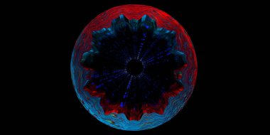 Koyu arkaplanda soyut renkli geometrik, fütüristik stil kartı, zaman kavramı, iş sunumları için arkaplan, metin ve kopya için alan, mavi ve kırmızı renkler, 3D illüstrasyon