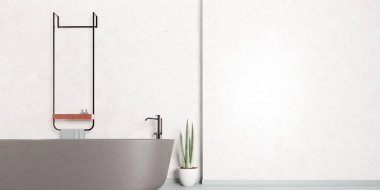 Beyaz duvarları ve beton zemini olan modern banyo tasarımı, gri küvet, lavabo, metin ve kopya için geniş alan, maket, 3 boyutlu illüstrasyon.