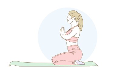 Güzel genç bir kadın profesyonel yoga dersleri alıyor sağlıklı yaşam tarzı kavramı, basit düz vektör çizimi.