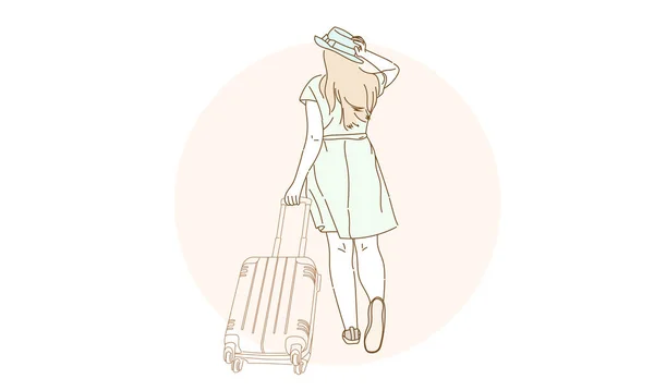 Jeune Femme Valise Verte Concept Voyage Illustration Plate Simple — Image vectorielle