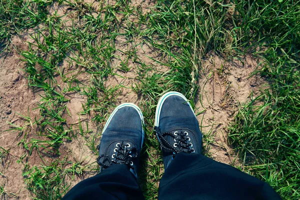 Legs in sneakers on road with grass, top view