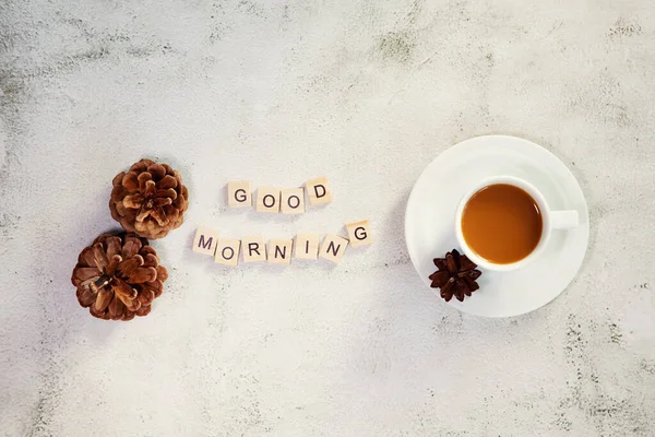 Delicious Coffee Milk Text Good Morning Wish Pine Cone Light — Stock Photo, Image