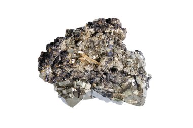 Doğal kaya örneği. Çiğ demir Pyrite aptal altını, Peru. Beyaz arkaplanda izole