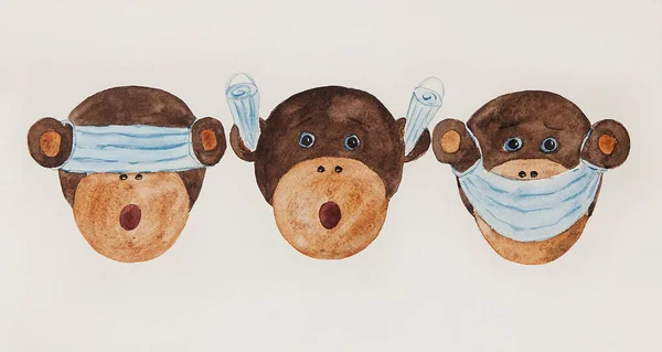 Três Macacos Sábios Com Máscaras Médicas Não Vejo Não Ouço Imagem De Stock